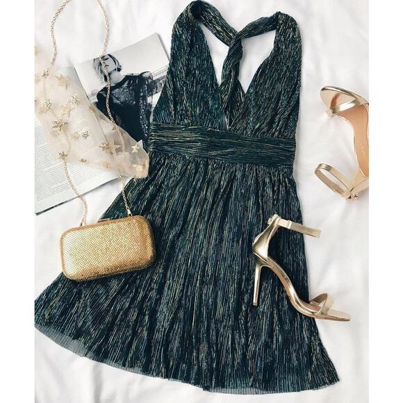 Lulu's Ailey Gold and Teal Blue Skater Dress Teal Blue M NWT - Picture 1 of 10